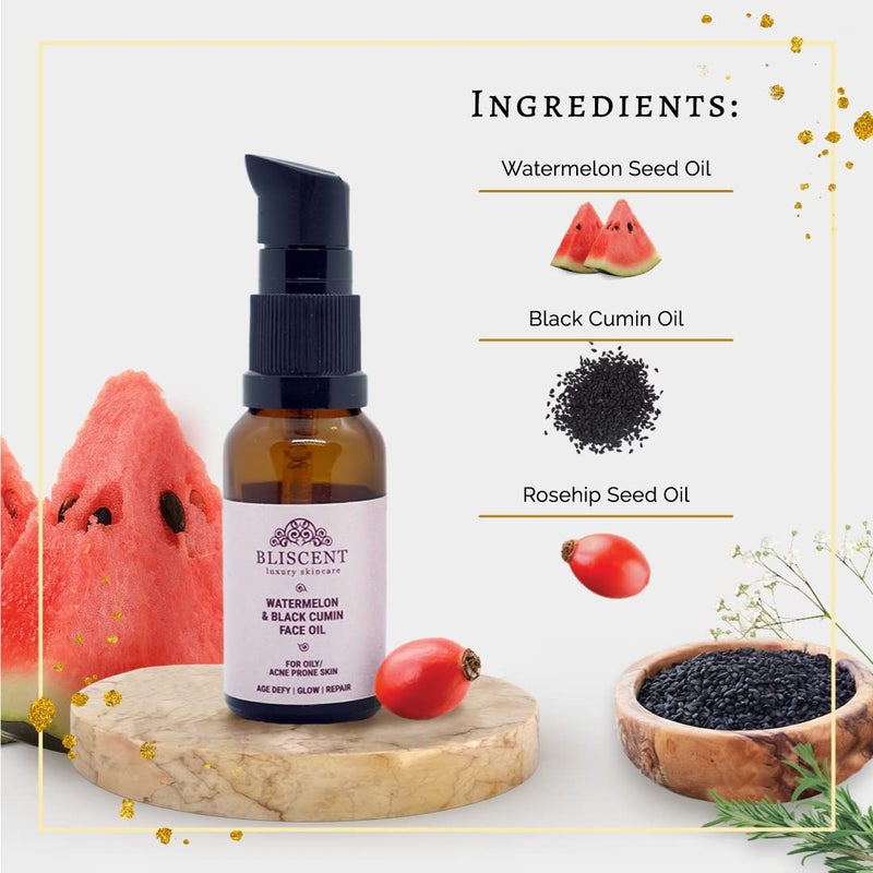 BLISCENT Luxury Skincare Watermelon Black Cumin Seed Face Oil For Oily Acne Prone Skin Dark Spots Repair Age Defy Reduce Fine Lines And Wrinkles Face Glowing Oil 20ml - Image 2