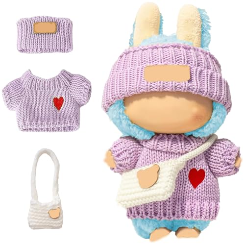 SHUOXUKE for Dolls Clothes Outfit Set for 17cm Dolls No Doll3Piece Handcrafted Crochet Accessories with Purple Heart Sweater Hat White Bag - Image 1