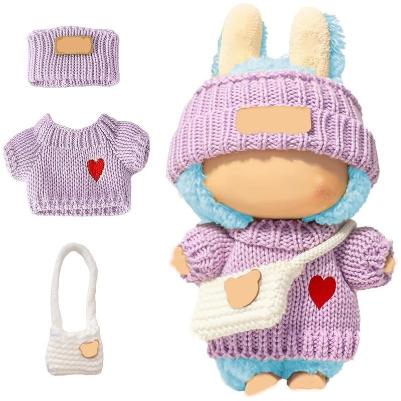SHUOXUKE for Dolls Clothes Outfit Set for 17cm Dolls No Doll3Piece Handcrafted Crochet Accessories with Purple Heart Sweater Hat White Bag - Image 3