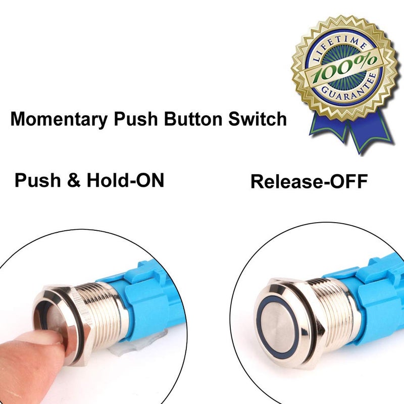 Gebildet 2 Pieces 0.47 Inch/12mm Stainless Steel Momentary Push Button 12V-24V Normally Open SPST ON Off Waterproof Button with Wire Socket Plug (Blue LED) - Image 5