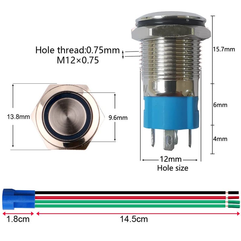 Gebildet 2 Pieces 0.47 Inch/12mm Stainless Steel Momentary Push Button 12V-24V Normally Open SPST ON Off Waterproof Button with Wire Socket Plug (Blue LED) - Image 3