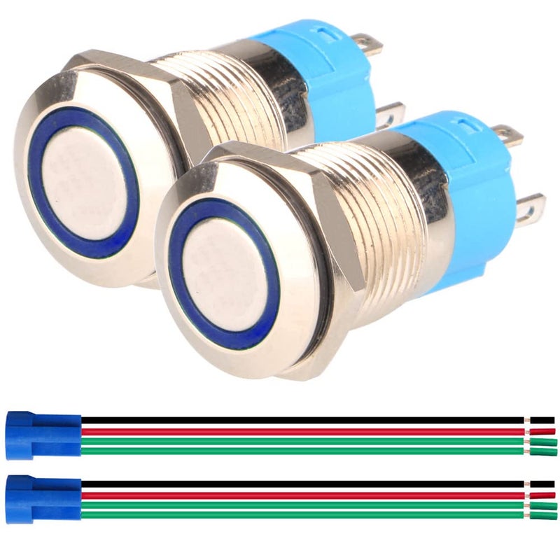Gebildet 2 Pieces 0.47 Inch/12mm Stainless Steel Momentary Push Button 12V-24V Normally Open SPST ON Off Waterproof Button with Wire Socket Plug (Blue LED) - Image 1