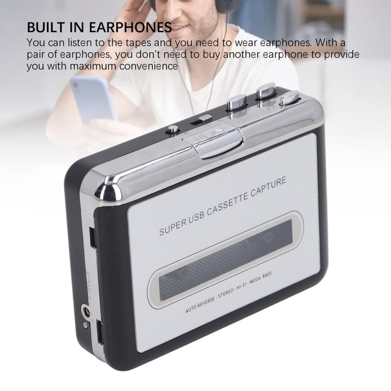 مشغل شريط كاسيت كلاسيكي محمول، محول MP3 بتوصيل USB والتشغيل الفوري، مع سماعة مدمجة - Image 5