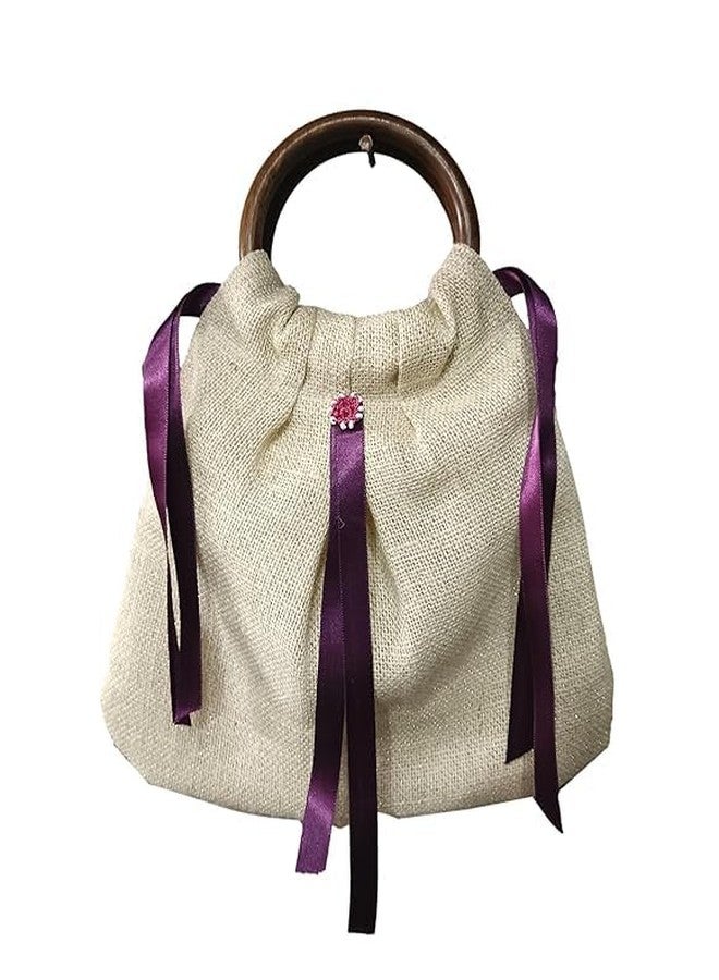 athizay Casual Fashion Handbags for Women Top Handle Bags with Classic Wooden Handles Satin Ribbon Embellishment Jute Fabric Bags Creamy White Red Wine - Image 1