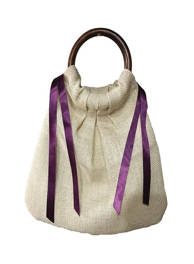 athizay Casual Fashion Handbags for Women Top Handle Bags with Classic Wooden Handles Satin Ribbon Embellishment Jute Fabric Bags Creamy White Red Wine - Image 2