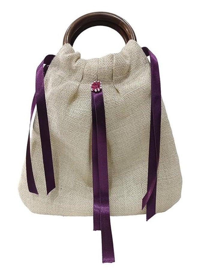 athizay Casual Fashion Handbags for Women Top Handle Bags with Classic Wooden Handles Satin Ribbon Embellishment Jute Fabric Bags Creamy White Red Wine - Image 4