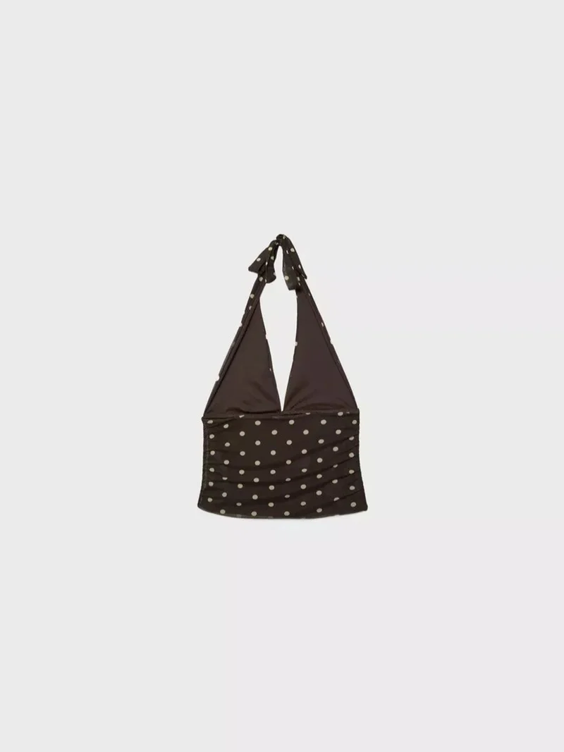 Hiccup Dark Mocha Brown Polka Dot Halter Collar Crop Top for Women | Best Price UAE