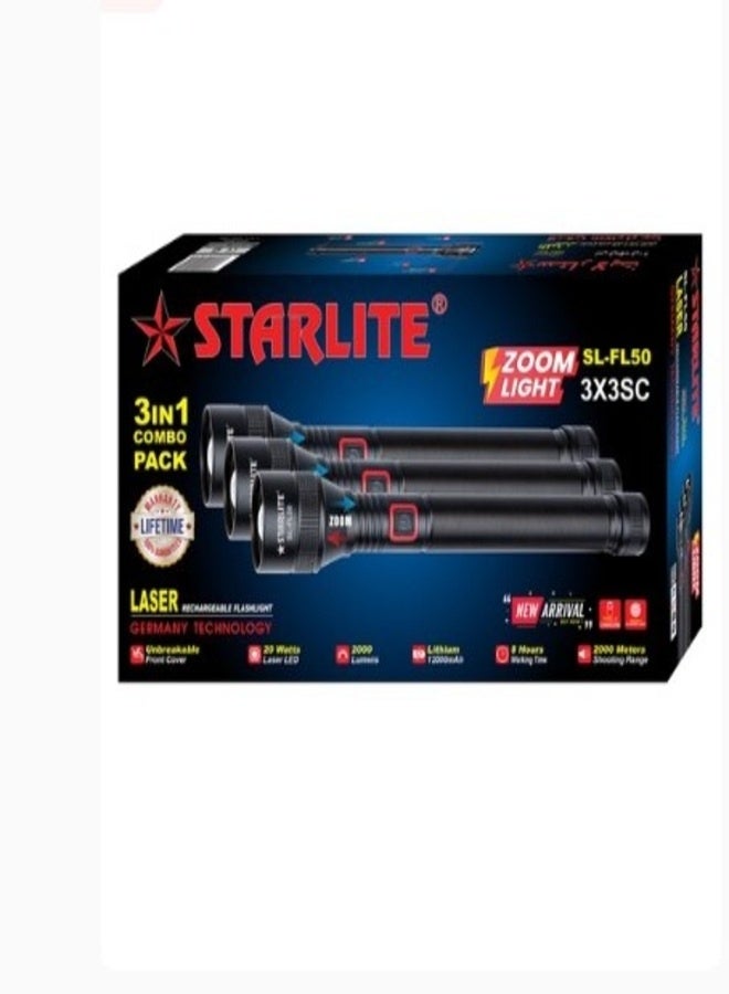 STARLIFE 3 in 1 Combo Rechargeable Laser Flashlight 20W Germany Technology 12000mAh Lithium Battery With Zoomable Function - Image 2