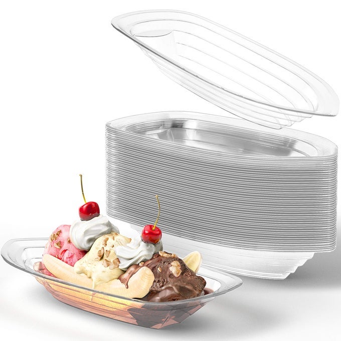 SUPER FUN RECYCLABLE BANANA SPLIT BOATS 50PK BEST LONG 12OZ DISPOSABLE ICE CREAM SUNDAE BOWLS PERFECT PLASTIC SUNDAY CUPS FOR SOCIAL OR KIDS BIRTHDAY PARTY GREAT CLEAR BOAT FOR CARNIVALS