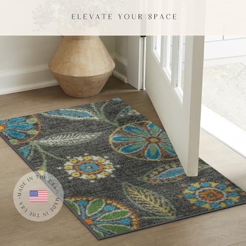 Maples Rugs Reggie Floral Kitchen Rug - Made in USA - Washable, Non Slip Indoor Carpet for Entryway, Foyer, Kitchen, and Bathroom, 1'8 x 2'10, Dark Grey - Image 2