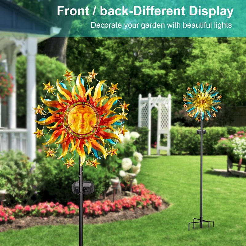 Qualdout Solar Wind Spinners for Yard Garden - 60.3 Inch 360Â° Metal Sun Wind Sculptures Outdoor Clearance Kinetic Windmills with Vine String Shining LED Lights for Patio, Lawn Xmas Garden Decoration - Image 3