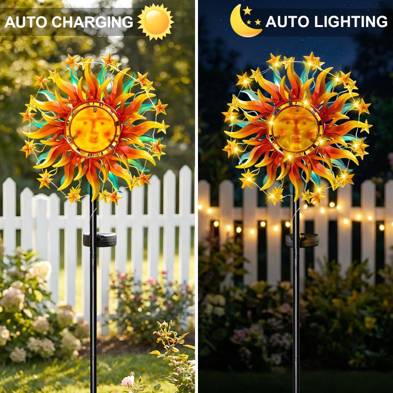 Qualdout Solar Wind Spinners for Yard Garden - 60.3 Inch 360Â° Metal Sun Wind Sculptures Outdoor Clearance Kinetic Windmills with Vine String Shining LED Lights for Patio, Lawn Xmas Garden Decoration - Image 2