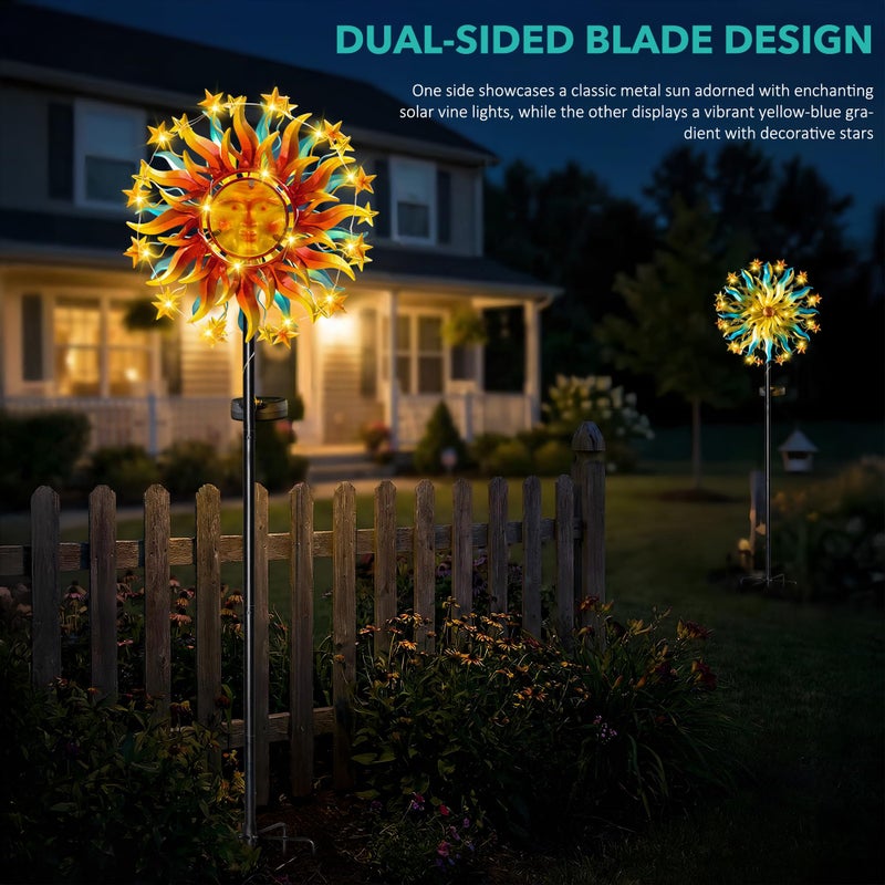 Qualdout Solar Wind Spinners for Yard Garden - 60.3 Inch 360Â° Metal Sun Wind Sculptures Outdoor Clearance Kinetic Windmills with Vine String Shining LED Lights for Patio, Lawn Xmas Garden Decoration - Image 5