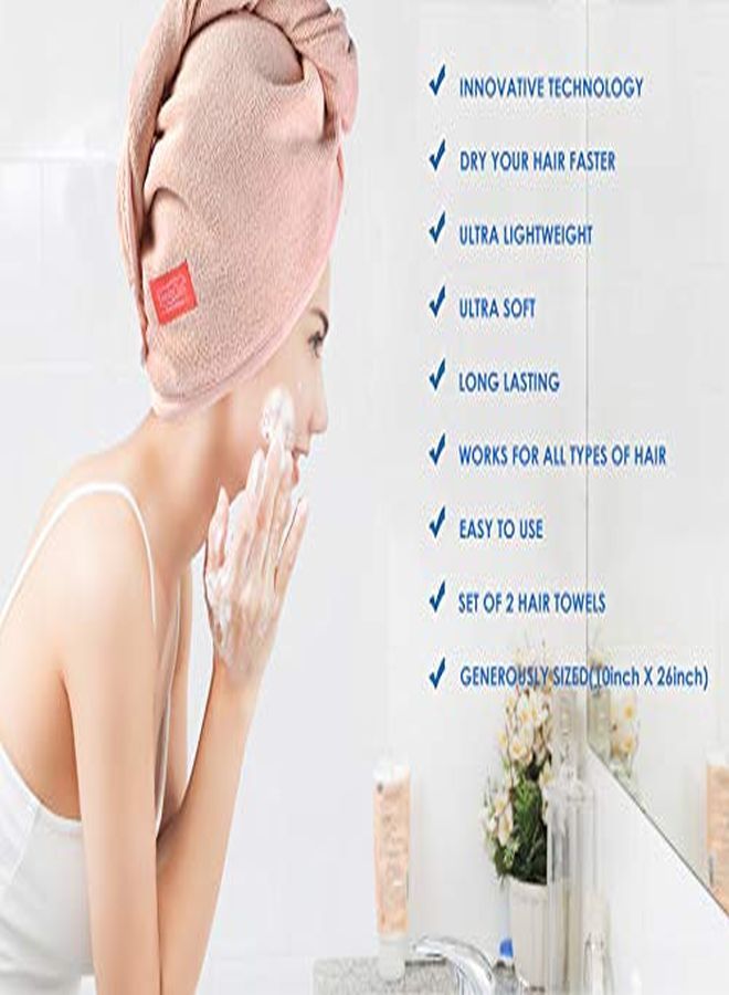 YoulerTex Microfiber Hair Towel Wrap For Women, 2 Pack 10 Inch X 26 Inch, Super Absorbent Quick Dry Hair Turban For Drying Curly, Long & Thick Hair (Peachy Beige) - Image 3