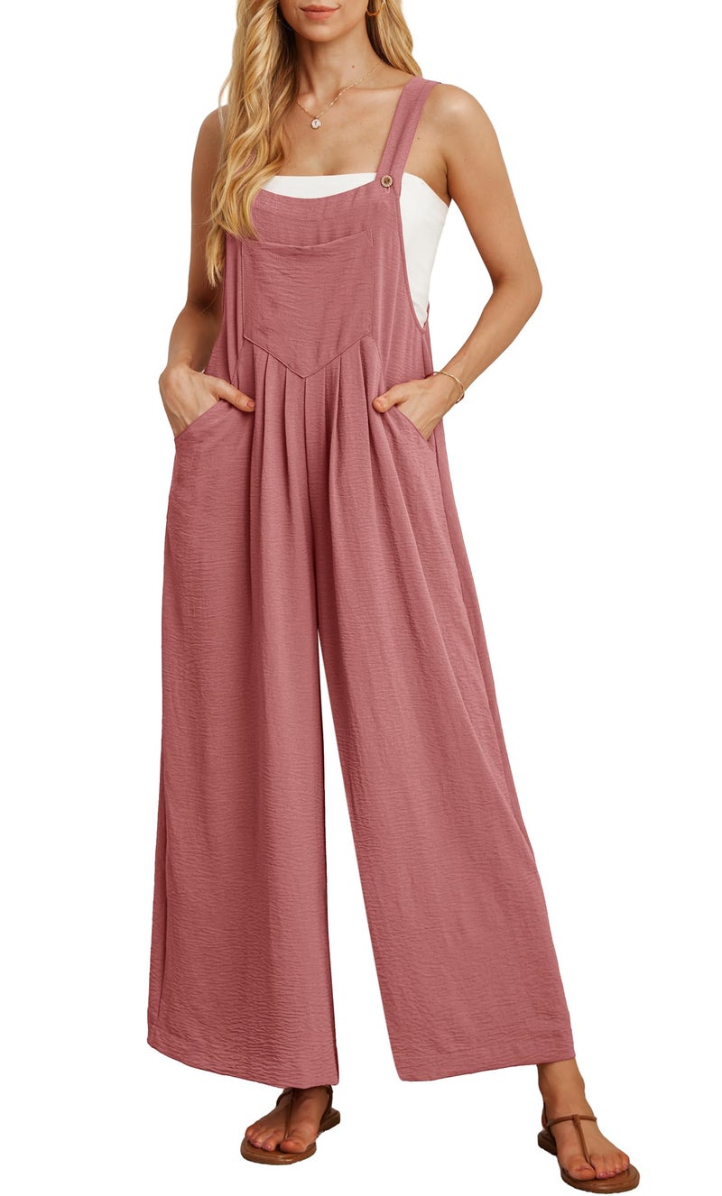 IWOLLENCE Women's Summer Jumpsuits Boho Wide Leg Overalls Casual Loose Rompers with Pockets 2024 Rust Red Small - Image 1