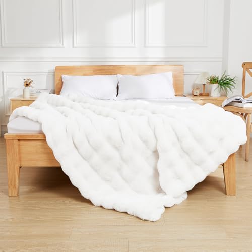 Latepis White Throw Blanket for Couch, Soft Faux Fur Bubble Blankets for Sofa Bedroom Living Room, Cozy Warm Fluffy Blanket for Winter, Great Birthday Gift Selection, 50x60 Inch, 860GSM - Image 4