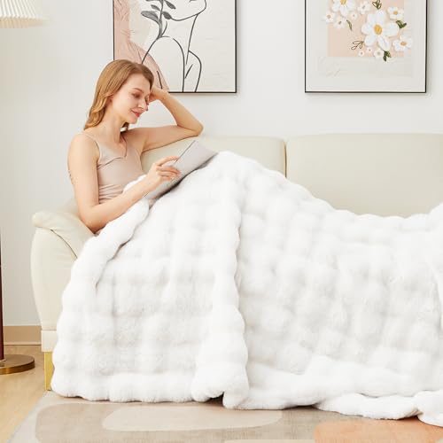 Latepis White Throw Blanket for Couch, Soft Faux Fur Bubble Blankets for Sofa Bedroom Living Room, Cozy Warm Fluffy Blanket for Winter, Great Birthday Gift Selection, 50x60 Inch, 860GSM - Image 2