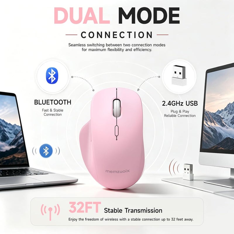 ماوس لاسلكي مزدوج الوضع من ، USB 2.4GHz + بلوتوث، نقرات صامتة، قابل للشحن عبر USB-C، 3 مستويات DPI قابلة للتعديل (800/1200/1600)، تصميم مريح لليد اليمنى لأجهزة الكمبيوتر المحمولة والمكتبية وماك والمكتب والمنزل - وردي - Image 2