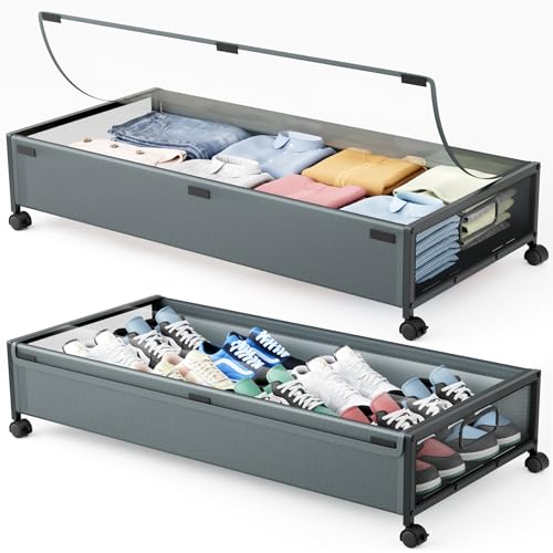 LeArex Under Bed Storage Containers with Wheels 2 Pack Underbed Shoe Storage Bedroom Storage Bins Organizer Large Capacity Under Bed Storage with Lid for Clothes Shoes Toys Blankets (Cyan-gray) - Image 1