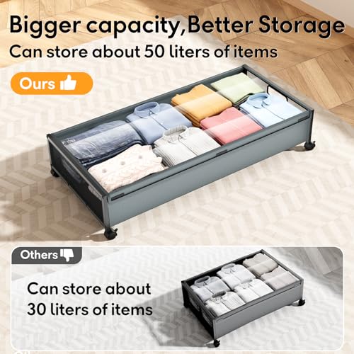 LeArex Under Bed Storage Containers with Wheels 2 Pack Underbed Shoe Storage Bedroom Storage Bins Organizer Large Capacity Under Bed Storage with Lid for Clothes Shoes Toys Blankets (Cyan-gray) - Image 3