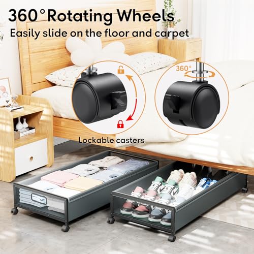 LeArex Under Bed Storage Containers with Wheels 2 Pack Underbed Shoe Storage Bedroom Storage Bins Organizer Large Capacity Under Bed Storage with Lid for Clothes Shoes Toys Blankets (Cyan-gray) - Image 4