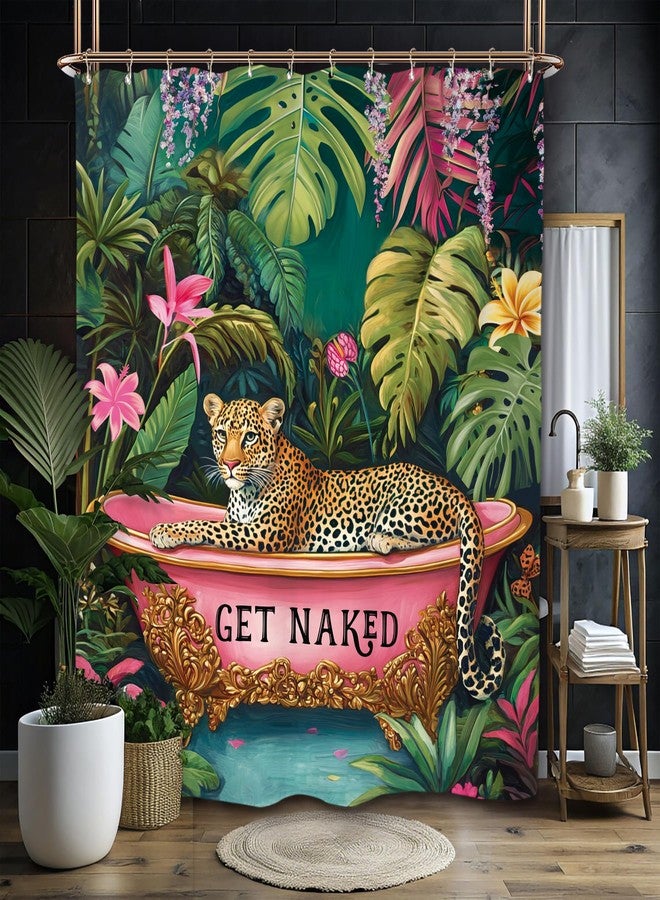 Miyotaa Fashion Woman Leopard Shower Curtain Set 60Wx71H Inches Funny Get Naked Vintage Tropical Palm Jungle Animal Waterproof Bathroom Curtain with 12 Hooks - Image 1