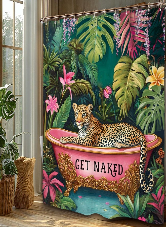 Miyotaa Fashion Woman Leopard Shower Curtain Set 60Wx71H Inches Funny Get Naked Vintage Tropical Palm Jungle Animal Waterproof Bathroom Curtain with 12 Hooks - Image 4