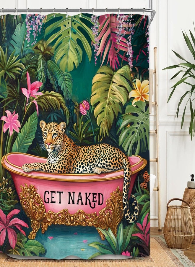 Miyotaa Fashion Woman Leopard Shower Curtain Set 60Wx71H Inches Funny Get Naked Vintage Tropical Palm Jungle Animal Waterproof Bathroom Curtain with 12 Hooks - Image 5