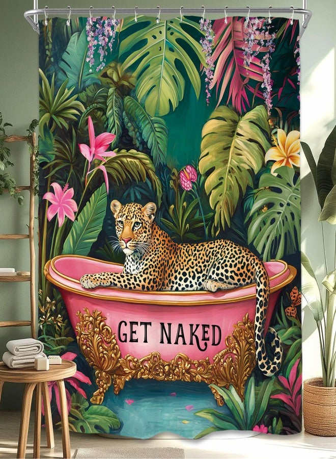 Miyotaa Fashion Woman Leopard Shower Curtain Set 60Wx71H Inches Funny Get Naked Vintage Tropical Palm Jungle Animal Waterproof Bathroom Curtain with 12 Hooks - Image 2