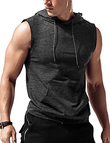 Amussiar Men's Sleeveless Hoodie Workout Tank Tops Men's Gym Muscle Shirt with Kanga Pocket Heather Grey - Image 1