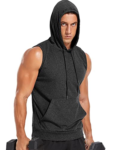 Amussiar Men's Sleeveless Hoodie Workout Tank Tops Men's Gym Muscle Shirt with Kanga Pocket Heather Grey - Image 2