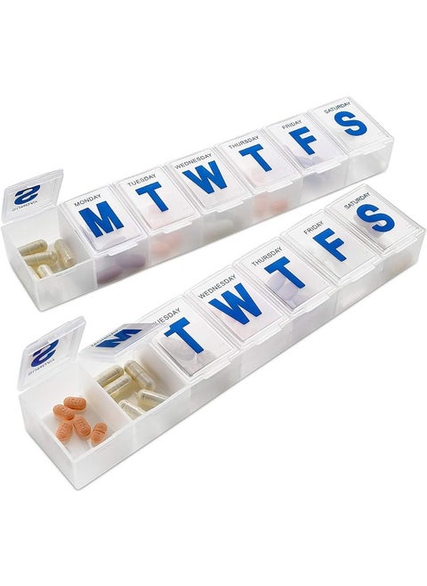Weekly Pill Organizer (Pack Of 2) Extra Large Vitamin Container With Jumbo Easy To Read Letters, Bpa Free Daily Travel 7 Day Medication Pill Box Case