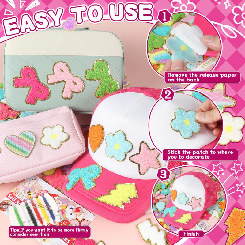 NICEVINYL Self-Adhesive Chenille Patches for Girly Bags: NICEVINYL 116PCS Multicolor Flower Star Heart Cute Patch Embroidered Stick on - Lightning Rainbow Sticker Applique for Clothing Fabric Backpack Decor - Image 4