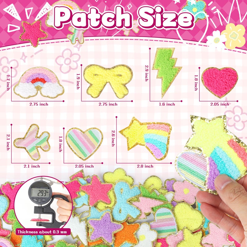 NICEVINYL Self-Adhesive Chenille Patches for Girly Bags: NICEVINYL 116PCS Multicolor Flower Star Heart Cute Patch Embroidered Stick on - Lightning Rainbow Sticker Applique for Clothing Fabric Backpack Decor - Image 2