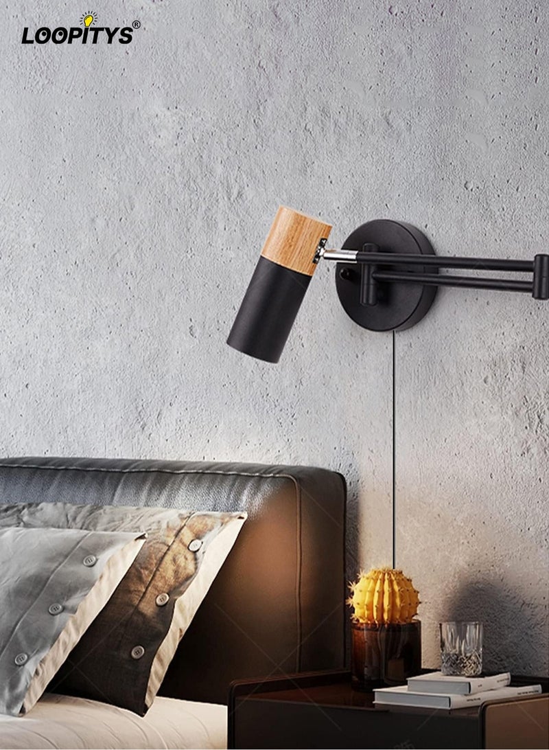 لوبيتيز مصباح الجدار الداخلي الخشبي ( أسود ، درجة حرارة اللون 3000K الضوء الدافئ ) ، الذراع الطويلة رئيس معدنية دوارة قابل للتعديل 350 ° ، الذراع الطويلة مصباح الجدار القراءة ، في الأماكن المغلقة الرجعية وقابلة للتوسيع الرجعية مصباح الجدار ، ومناسبة لغرفة النوم والسرير والفنادق وغرف الضيوف - Image 1