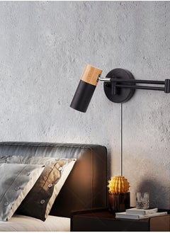 LOOPITYS Wooden indoor wall lamp with warm light, long arm metal rotating head adjustable at 350 °, long arm wall lamp for reading, indoor retro and expandable retro wall lamp, suitable for bedrooms, bedside hotels, and guest rooms  - Image 1