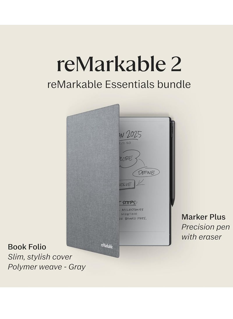 Remarkable - reMarkable Essentials bundle | Includes - reMarkable 2 Paper Tablet 10.3" Gray with Marker Plus Black & Book Folio Polymer Weave Gray - Image 1