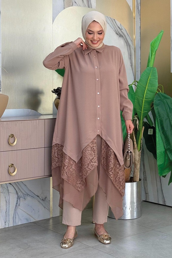 Bym Fashion Lace and Chiffon Detailed Asymmetric Cut Tunic 2758 Mink  - Image 1
