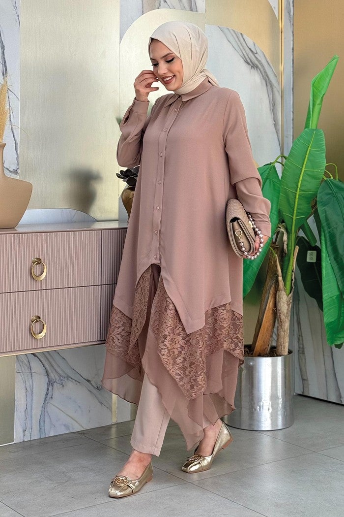 Bym Fashion Lace and Chiffon Detailed Asymmetric Cut Tunic 2758 Mink  - Image 3