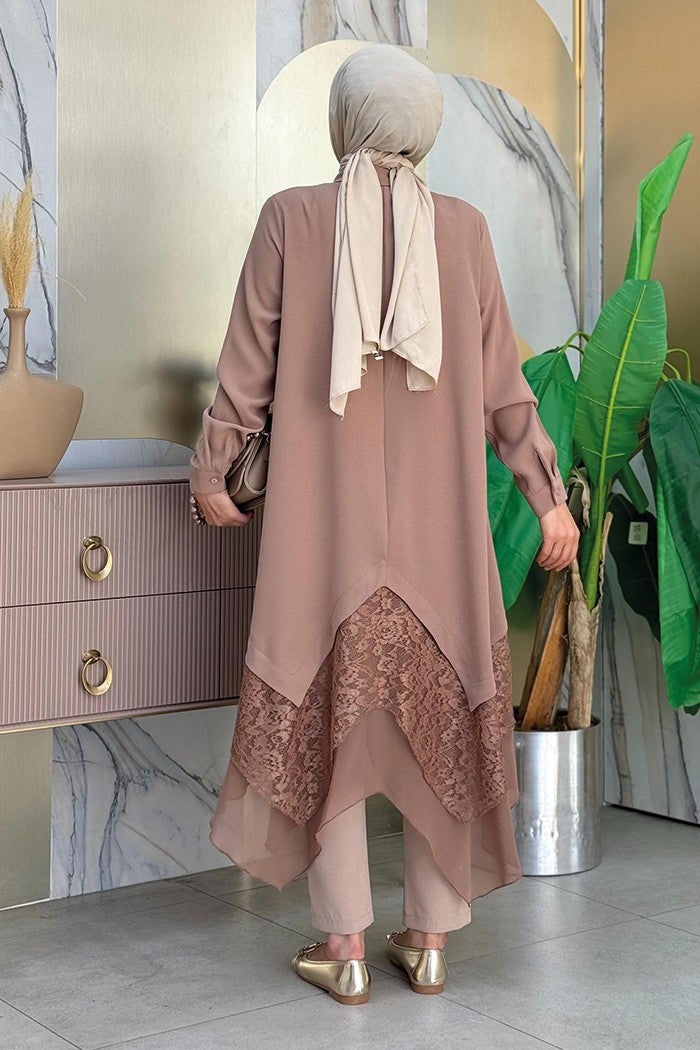 Bym Fashion Lace and Chiffon Detailed Asymmetric Cut Tunic 2758 Mink  - Image 2