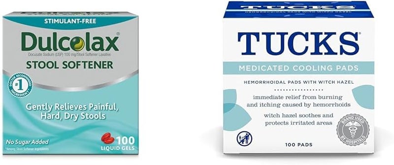 Dulcolax Stool Softener Laxative Liquid Gel Capsules 100ct for Gentle Relief Docusate Sodium 100mg  TUCKS Medicated Cooling Pads 100 Count  Pads with Witch Hazel Cleanses Sensitive Areas - Image 1