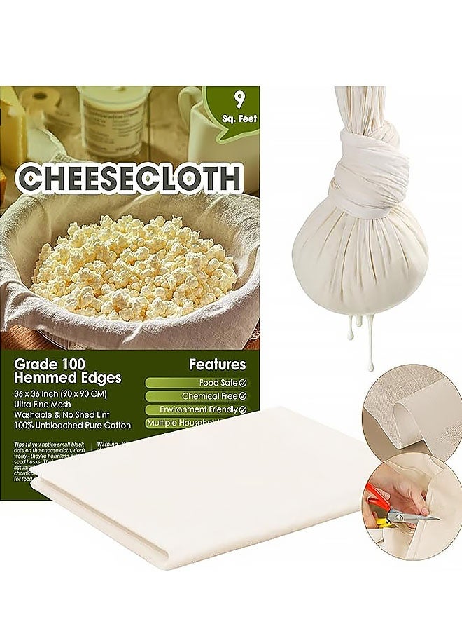 Grade Unbleached Pure Cotton Muslin, Precut Reusable Washable Fine Mesh Hemmed Cheese Cloths - for Straining, Cooking, Cheese Making(90cm*90cm) - Image 1