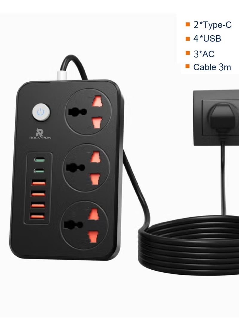 Rock Pow 3 meters Universal Extension Cord with 3 Power Socket and 4 USB + 2 PD Slots 3 Way Power Strip with USB type C PD Charging slot Extension Lead 3 meter  - Image 1