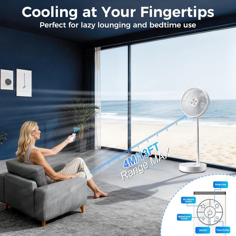 Marchpower Portable Standing Fan with Remote Control 10'' Foldable Fan Standing Timer 7200mAh Adjustable Height Floor Fan Quiet with Bag 5 Speeds Desk Fan for Bedroom Home Office Camping - Image 4