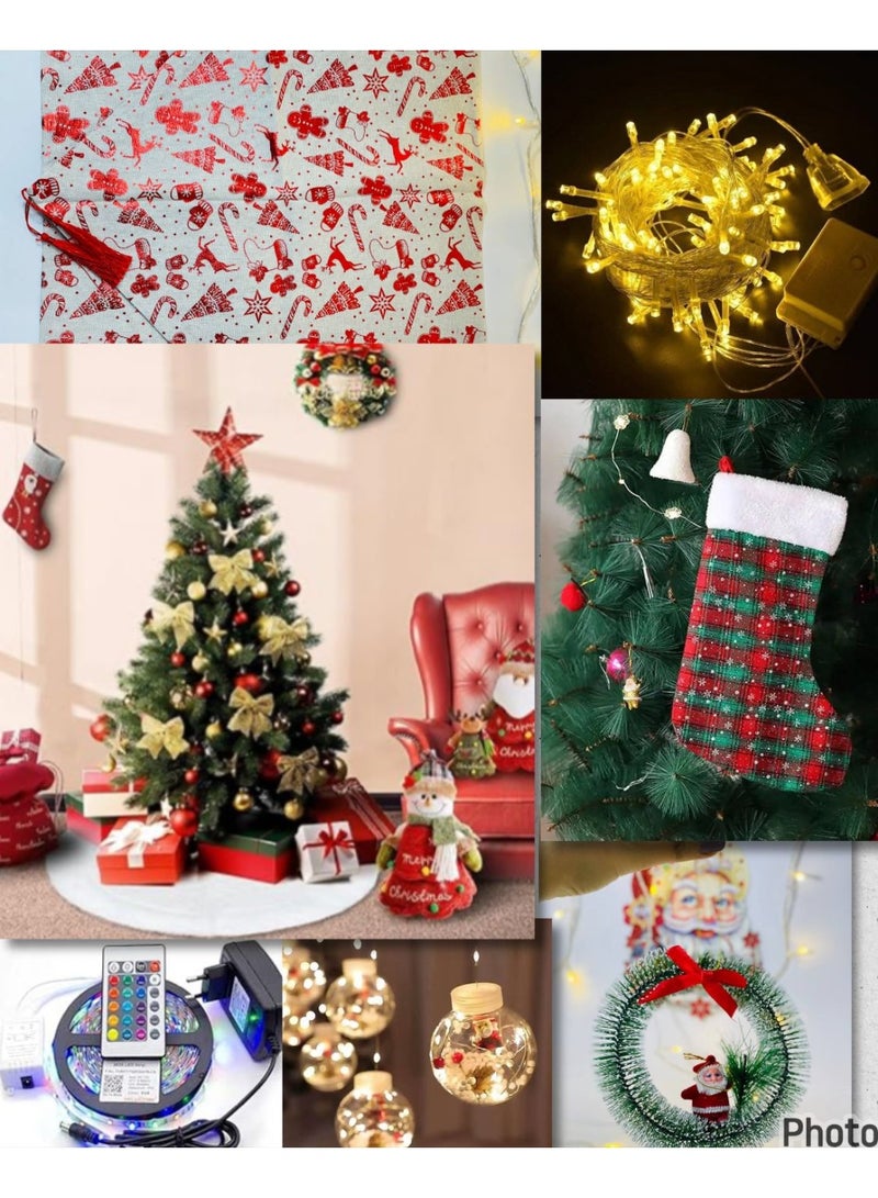 Complete Christmas Home Decor Set 8pcs (120cm Tree with 40 Tree Ornaments and Star + 18m Yellow LED String Light + Tree Skirt + Christmas Runner + Small Santa Wreath + Hanging Garland + Small Ribbon with Remote Control + 3m String Lights) - Image 1