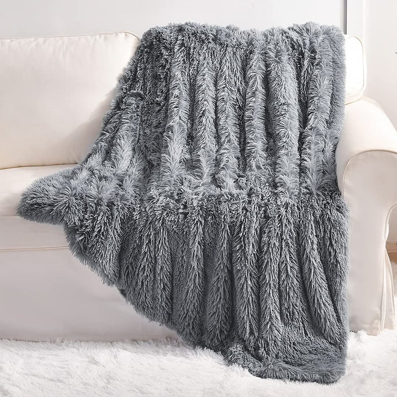 YUSOKI Grey Faux Fur Throw Blanket,2 Layers,50" x 60", Gray Soft Fuzzy Fluffy Couch Blanket Plush Furry Comfy Warm Blanket for Bed Chair Sofa Bedroom Dog Cat Men - Image 2