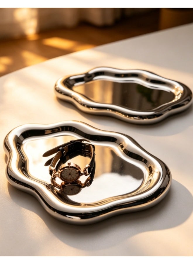 Silver electroplated ceramic jewelry tray, jewelry plate, ladies' decorative cloud dressing table key plate, ring holder plate, cute silver jewelry plate, bowl room decoration aesthetics, birthday, Mother's Day, Christmas gift - Image 2