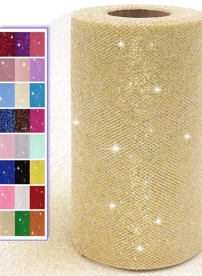 Ableme Deco Glitter Tulle Fabric Rolls, 6 Inch 50 Yards (150ft) Sparkling Spool Ribbon Sequin Netting for Tutu Skirt Gift Wrapping Wedding Party Decoration (White/Gold) - Image 1