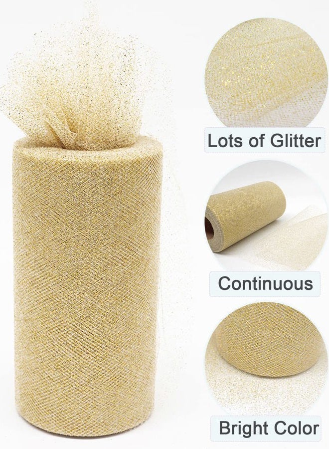 Ableme Deco Glitter Tulle Fabric Rolls, 6 Inch 50 Yards (150ft) Sparkling Spool Ribbon Sequin Netting for Tutu Skirt Gift Wrapping Wedding Party Decoration (White/Gold) - Image 2