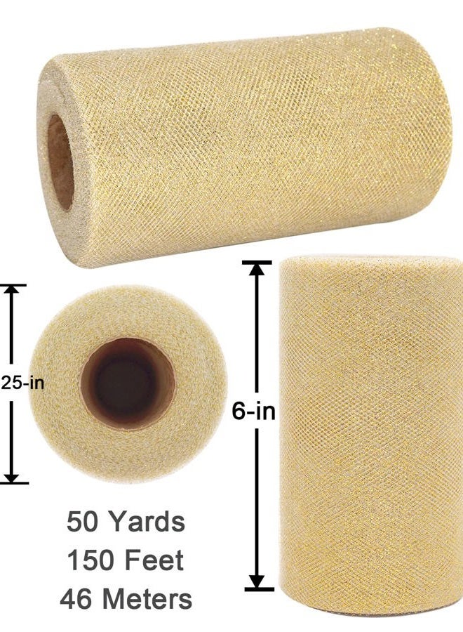 Ableme Deco Glitter Tulle Fabric Rolls, 6 Inch 50 Yards (150ft) Sparkling Spool Ribbon Sequin Netting for Tutu Skirt Gift Wrapping Wedding Party Decoration (White/Gold) - Image 3